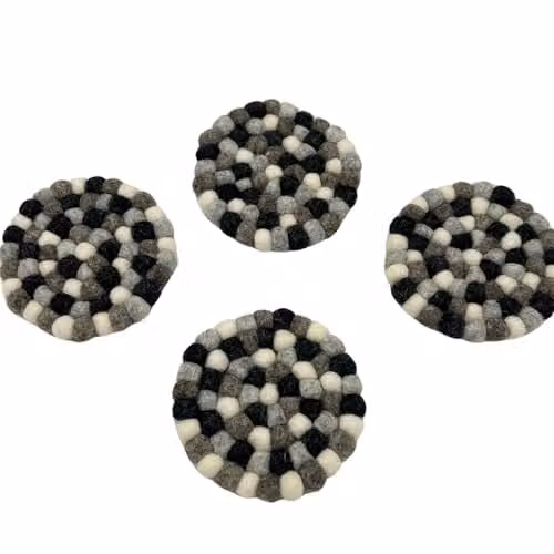 Ancient Wisdom Grey Felt Ball Coasters, Set of 4, Diameter: 10 cm