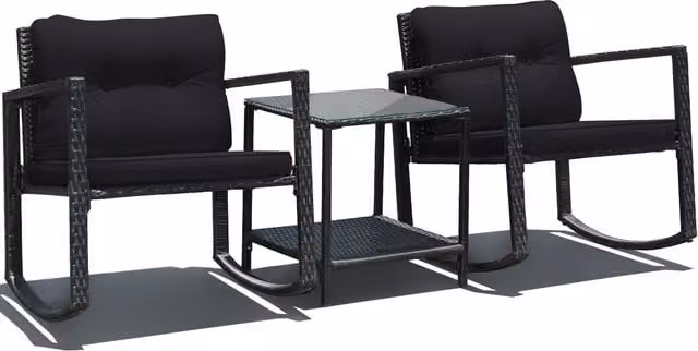 Costway Modern PE Rattan Rocking Chair Set with Cushion and Steel Frame, Black