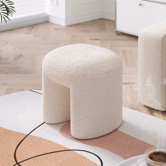 Livingandhome White Bouclé Fabric Cylindrical Upholstered Footstool