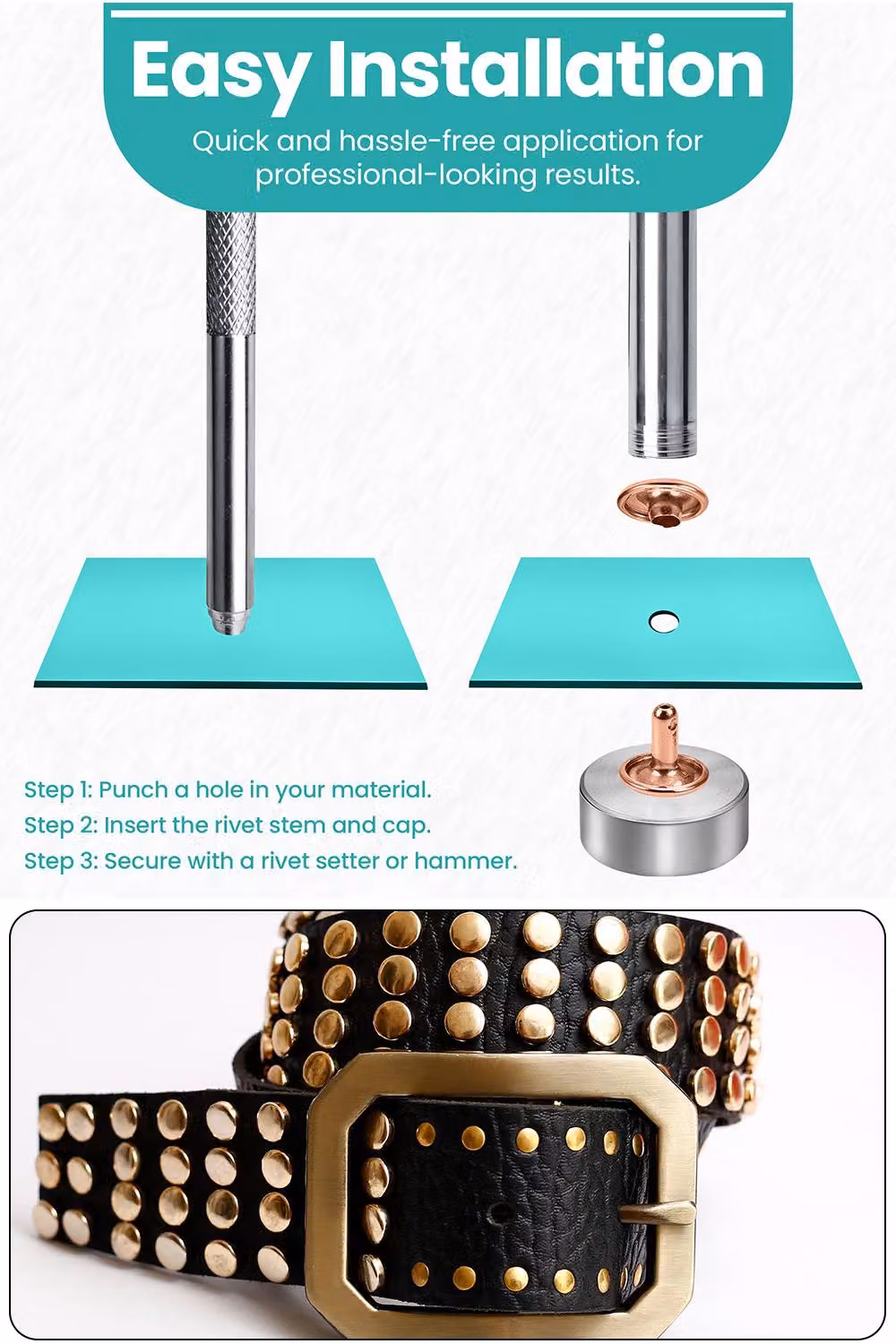 Neel Blue 9mm Double Cap Rivets Rose Gold Tubular Metal Leather Studs, 100pcs – 5