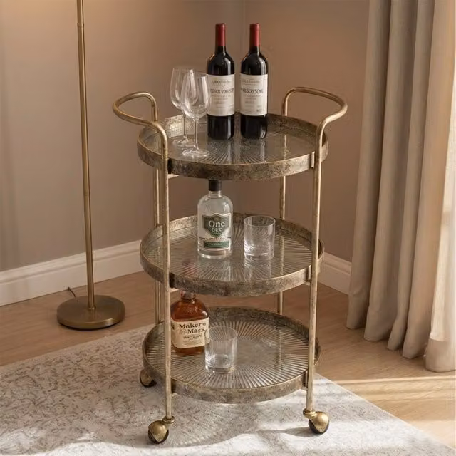 Maison Des Cadeaux Gold Rustic 3 Tier Metal Drinks Trolley