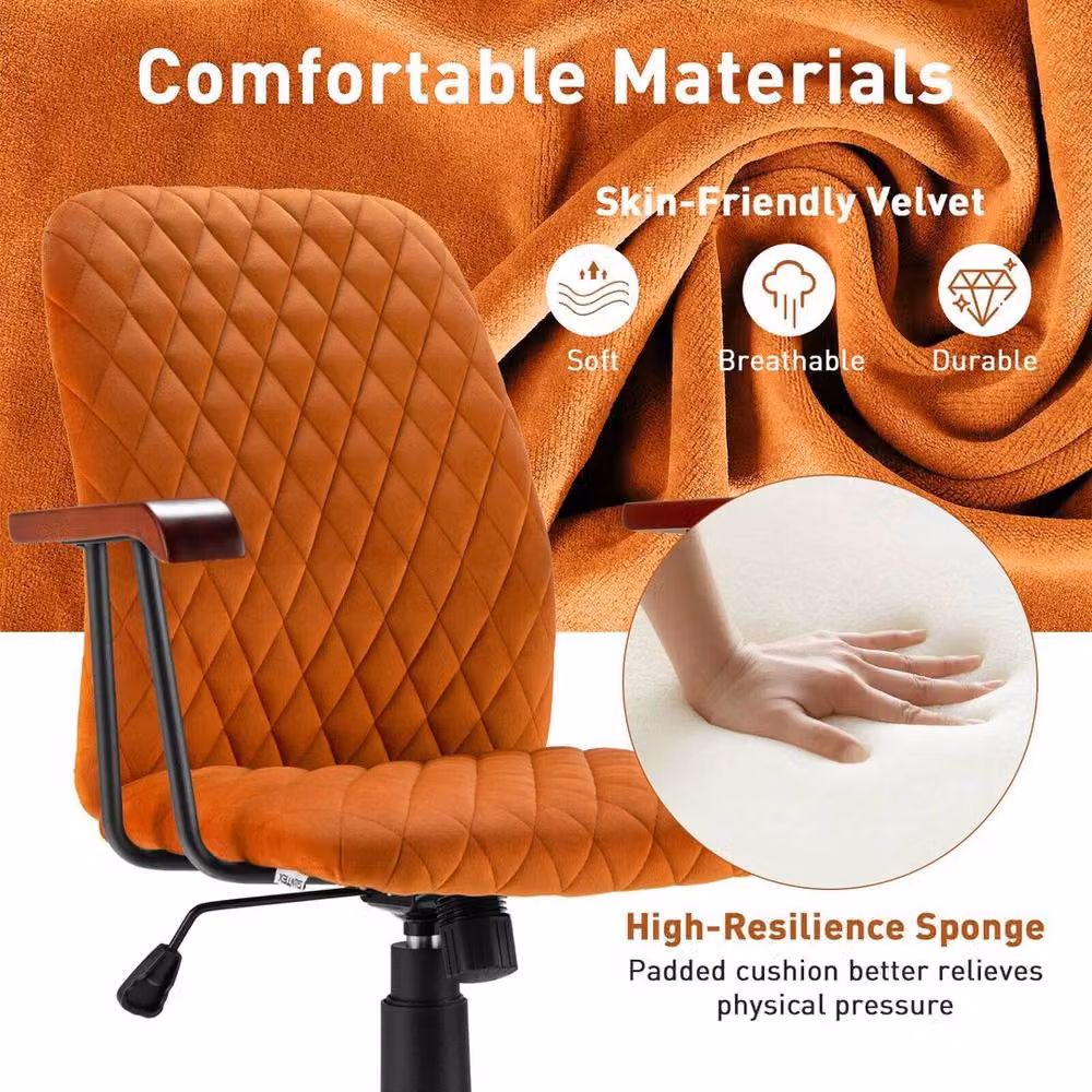 KORVIXA Orange Velvet Ergonomic Mid-back Swivel Task Chair with Armrests and Castors – 4