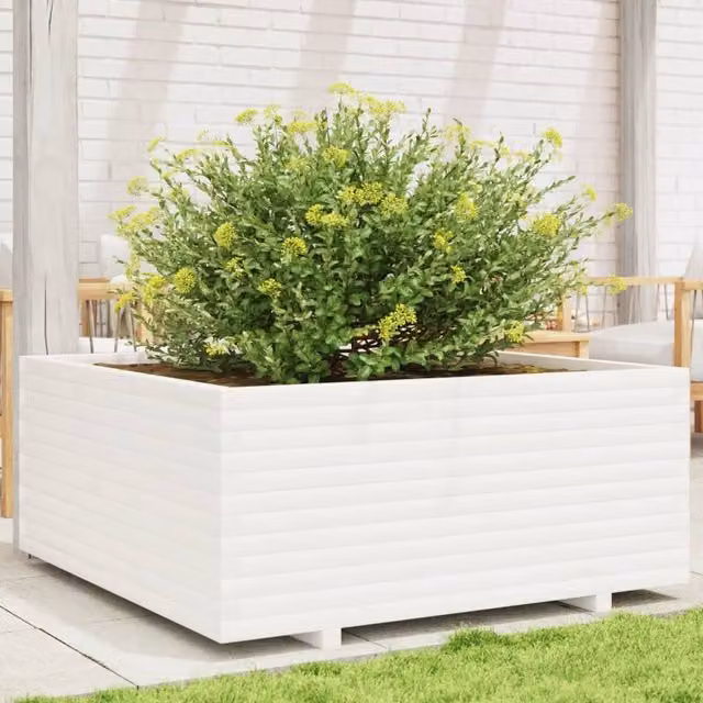 Berkfield Home White Solid Pine Garden Planter Tub W/D/H: 110 x 110 x 49.5 cm
