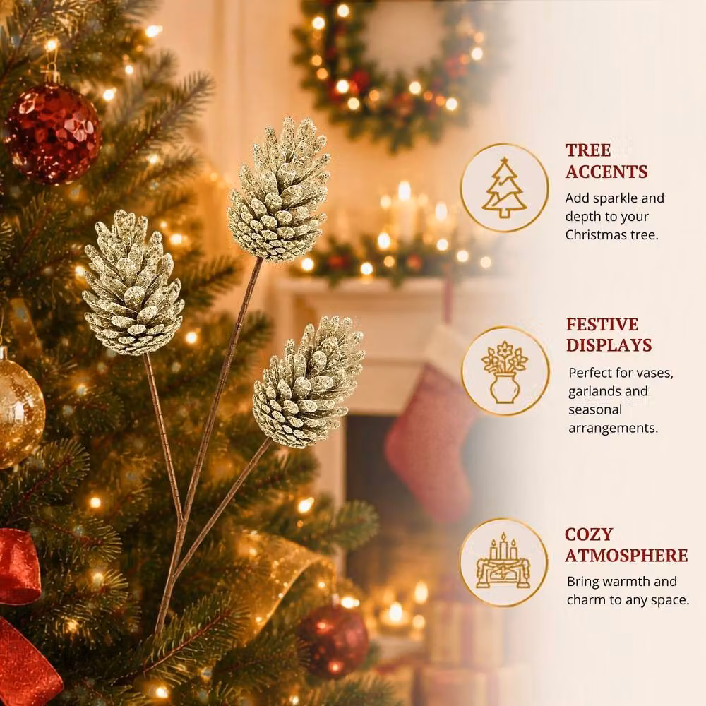 Shatchi Gold Glitter Champagne Pine Cone Christmas Picks, 18 Pack, Length: 58 cm – 5