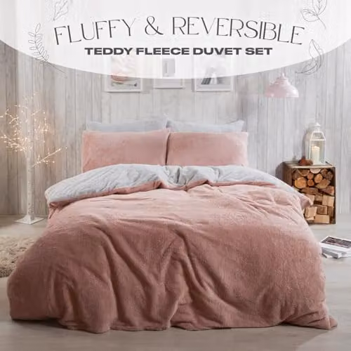 Brentfords Reversible Teddy Fleece Duvet Cover and Pillowcase Set, Pink, Grey and Silver, Superking – 2