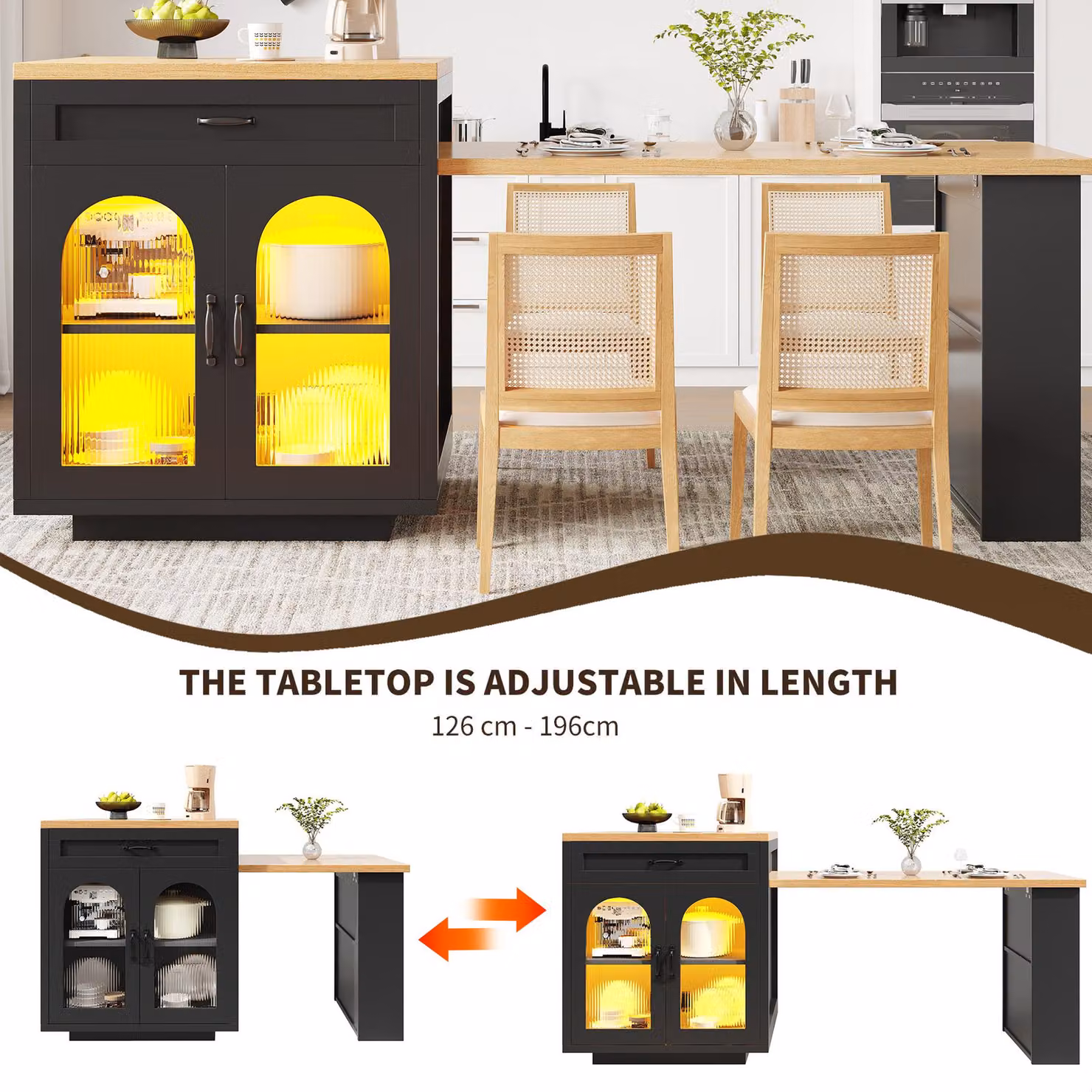 Aosom UK Extendable Kitchen Island with App-Controlled RGB LED Lighting in Black, W: 59 cm, D: 59 cm, H: 94 cm (Extendable to 126-196 cm) – 5