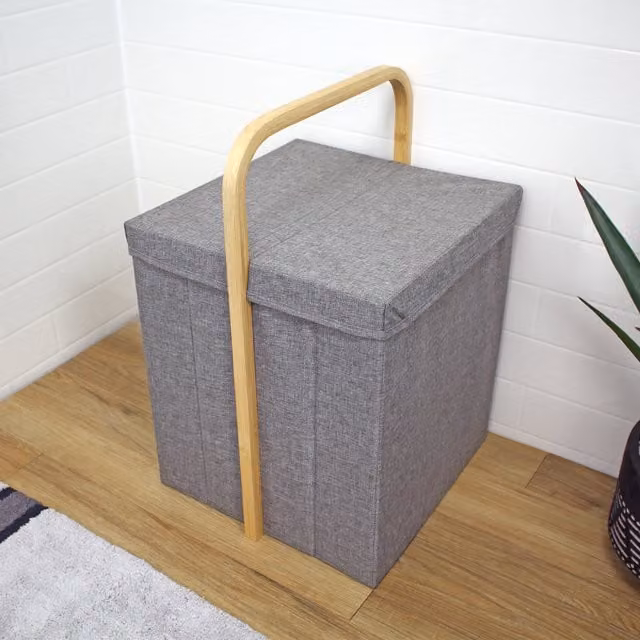 Showerdrape Grey Bamboo Laundry Hamper with Lid and Handles, 40L