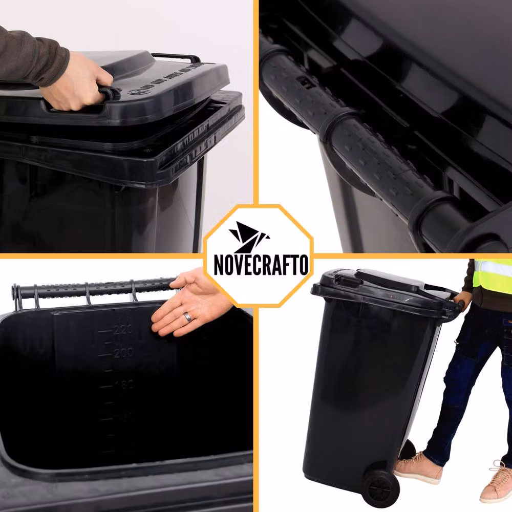 Novecrafto 240L Heavy-Duty Plastic Wheelie Bin with Flip Lid, Black – 11