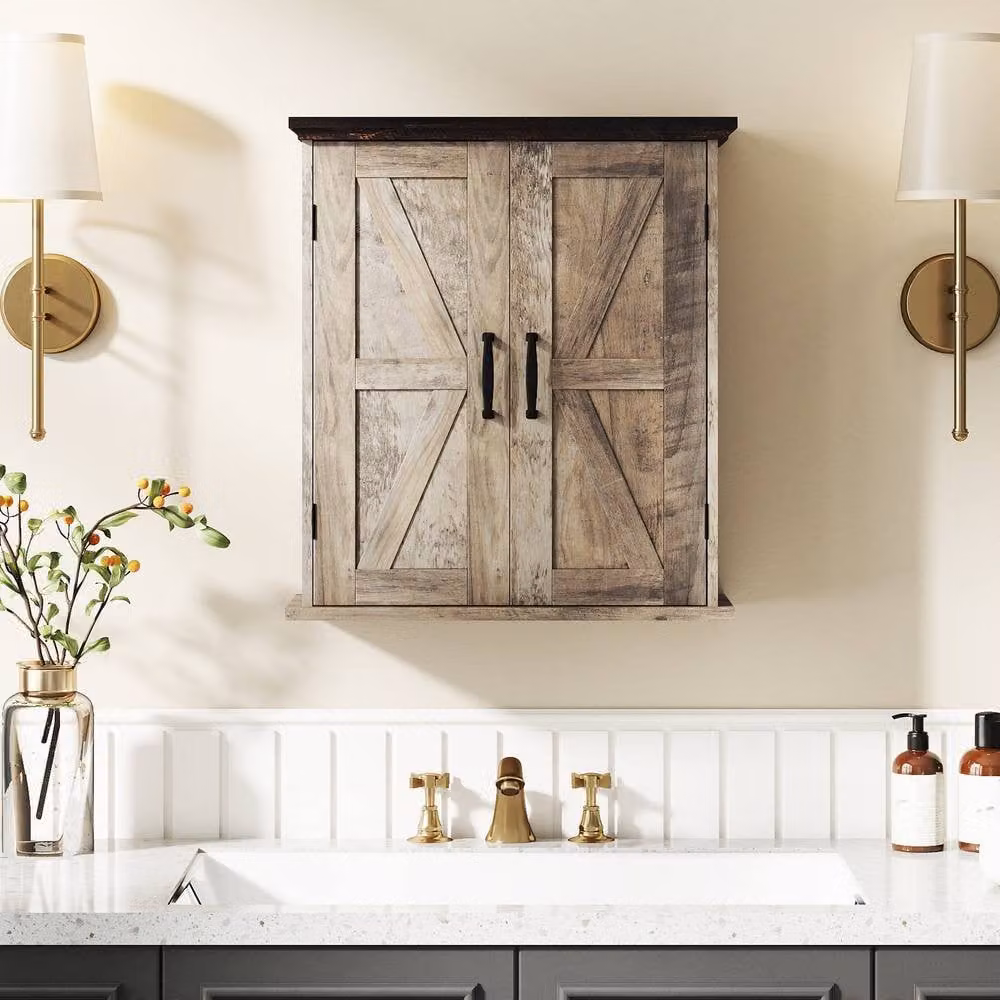 Costway Grey Farmhouse Wall Mounted Bathroom and Kitchen Cabinet with 2 Hinged Doors and Internal Shelves – 3