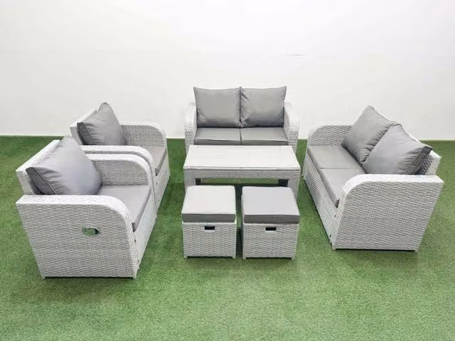 Fimous 8 Seater Rattan Garden Furniture Set in Light Grey with Reclining Chairs, Sofas, Coffee Table and Ottomans