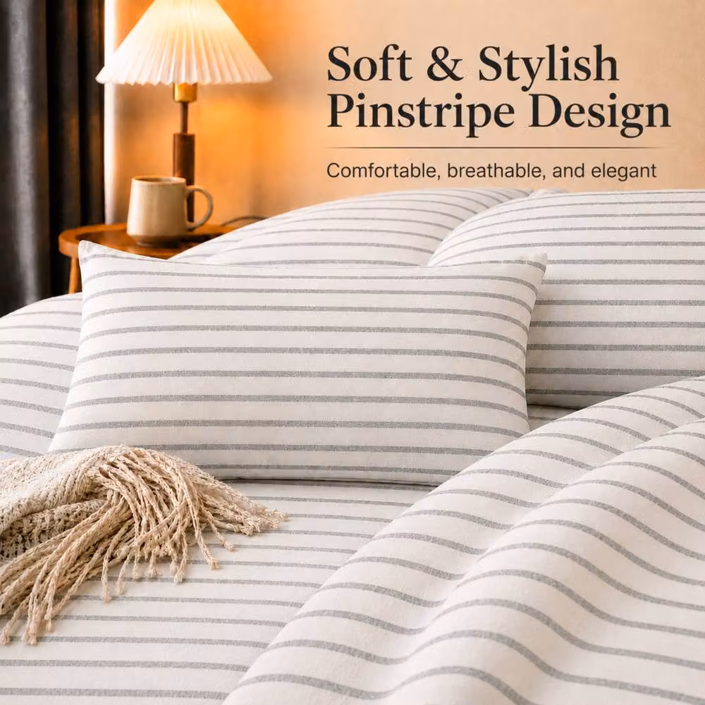 Pamposh Luxury Striped Microfibre Reversible Duvet Cover and Pillowcase Set, Grey and White, W/D/H: 220 x 230 x 180 cm – 3