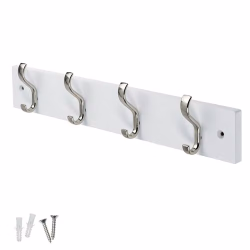 keypak Wall-Mounted Coat Rack with 4 Metal Hooks on a White Wood Base, W: 38 cm – 1