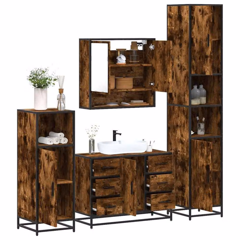 Berkfield Home 4-Piece Industrial Bathroom Furniture Set in Smoked Oak and Brown – 2