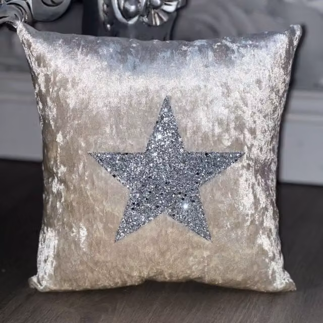 Fabricnco Star Pattern Velvet Square Cushion in Beige and Silver