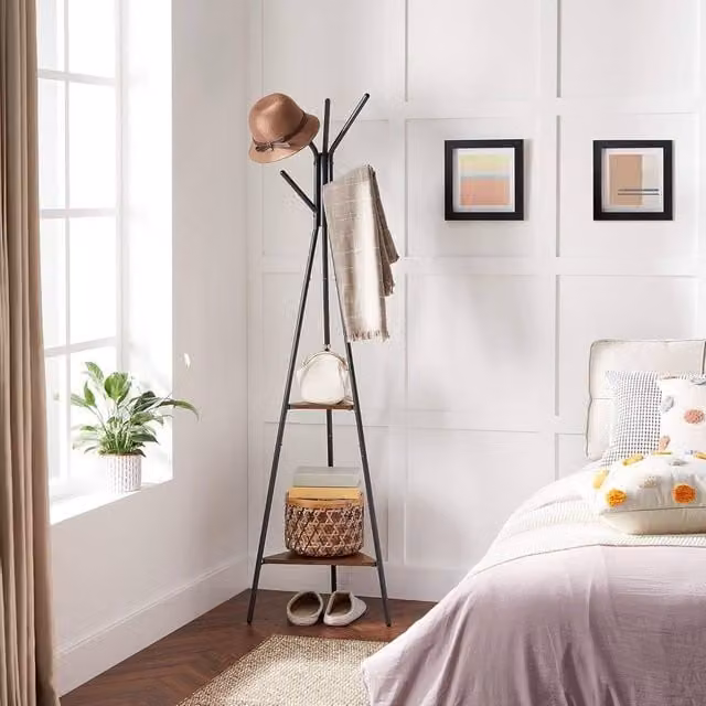 The Bazaarist Industrial Tripod Coat Rack with Shelves in Brown and Black – 1