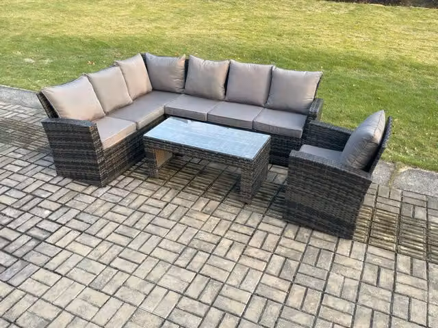 Fimous 7 Seat Rattan Garden Furniture Corner Sofa Set with Table in Dark Grey