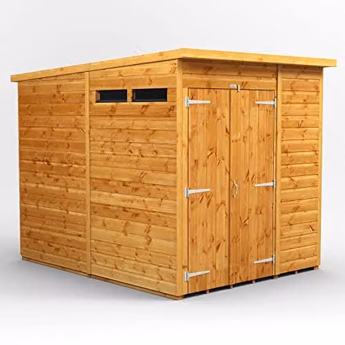 Powersheds Premium Pent Security Wooden Shed in Brown with Double Doors, PVC Window Sills and Toughened Glass, W: 260.4 cm, D: 240.4 cm, H: 192.58 cm
