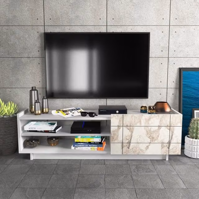 Decorotika Valantina TV Unit with Shelves in White Marble Effect
