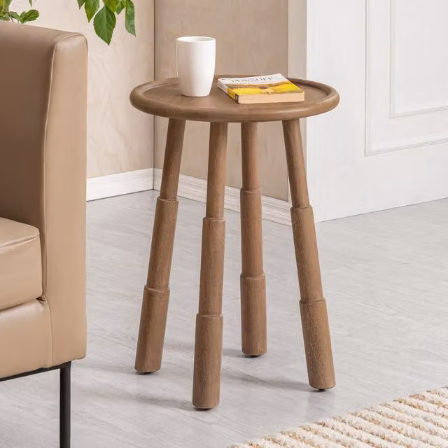 MH London Bali Round Solid Wood Side Table in Cerused Taupe