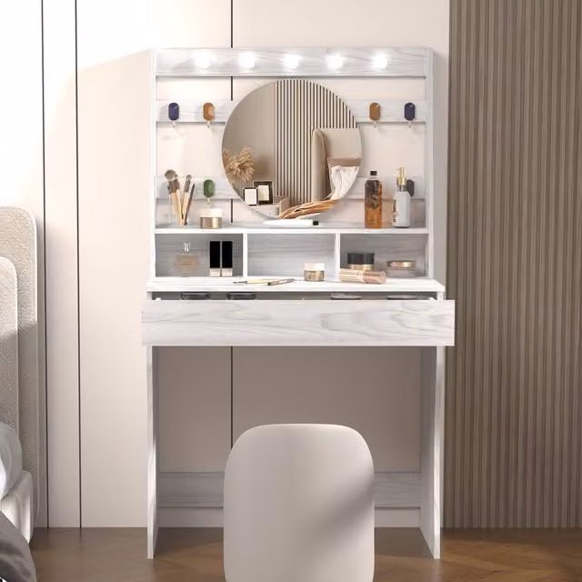 KEEPREAPER Modern Hollywood LED Dressing Table in Light Grey with Marble Detail, W/D/H: 140 x 80 x 40 cm