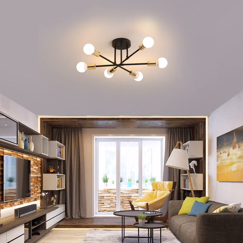 Pheashine Industrial Adjustable 6-Light Metal Chandelier in Gold and Black with E27 Fittings, Diameter: 52 cm – 4