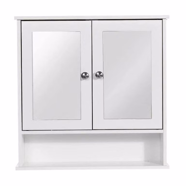 PAWNORA White MDF 2 Door Mirrored Wall Mounted Bathroom Storage Cabinet with Internal Shelves