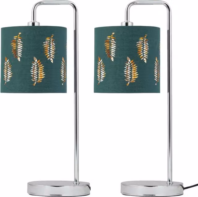 First Choice Lighting Set of 2 Arched Table Lamps with Green Fern Cut Out Shades in Silver and Chrome