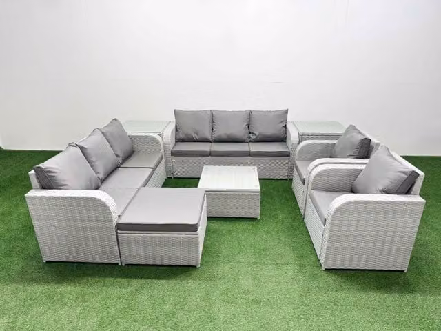 Fimous Grey PE Rattan High Back Lounge Sofa Set with 3 Seater Sofa, Reclining Chair, Large Footstool, Square Coffee Table and 2 Side Tables