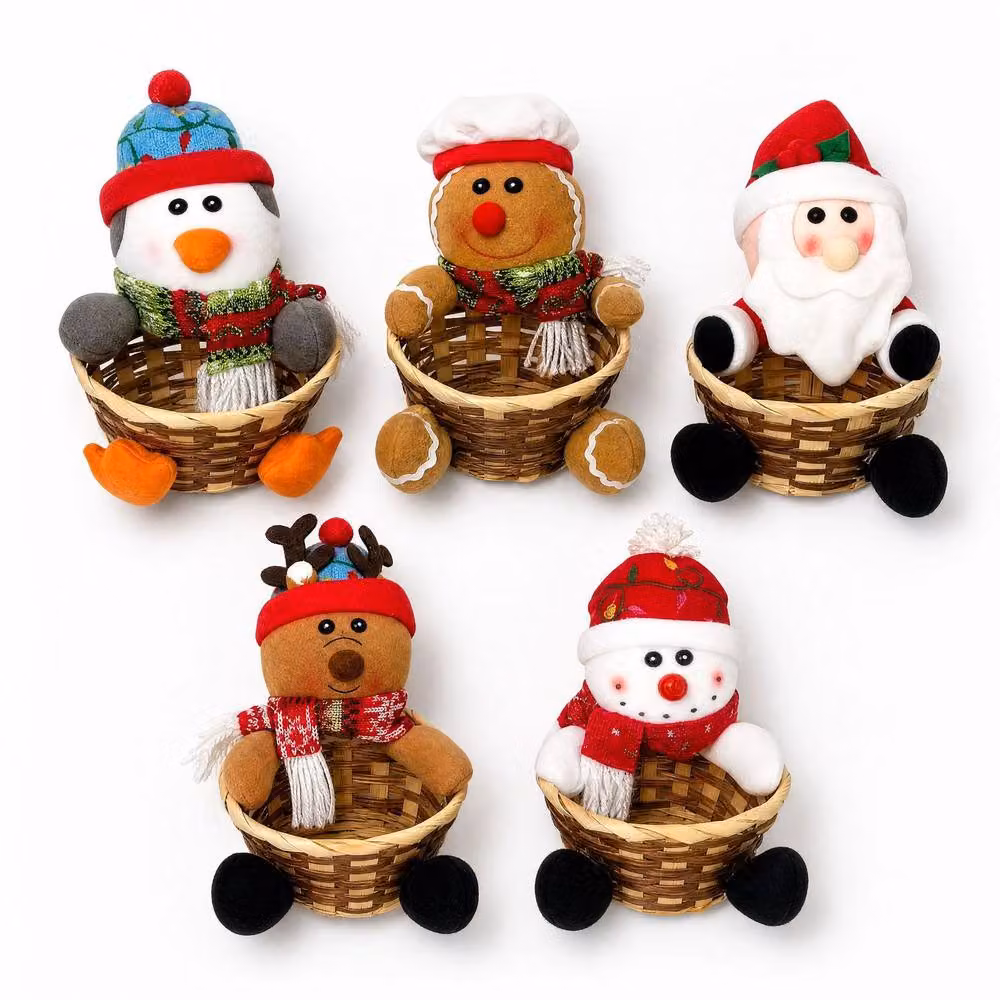 Quipulse Christmas-Themed Round Rattan Decorative Tabletop Basket in Grey and Multicolour – 4