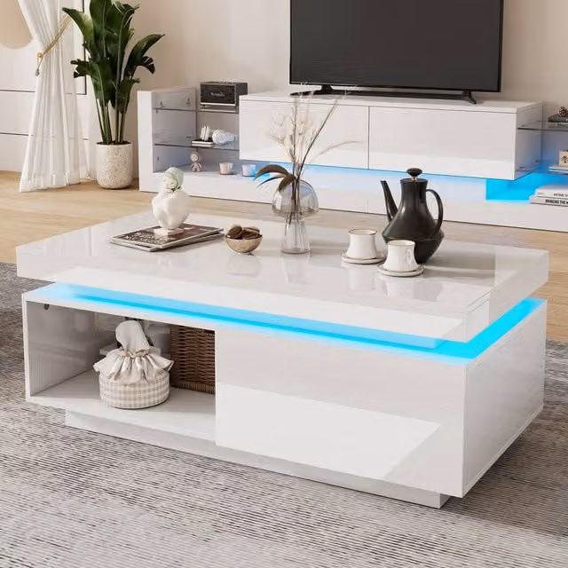 Merax Rectangular White High Gloss LED Coffee Table with Storage Drawer