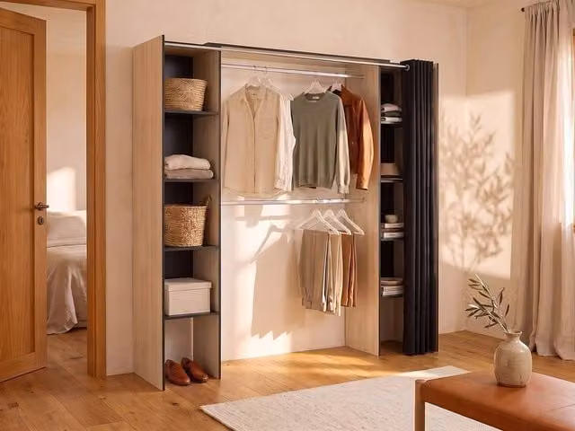 Vente-unique Extendable Wardrobe with Curtain in Oak and Dark Grey, W/D/H: 110 x 50 x 205 cm – 1
