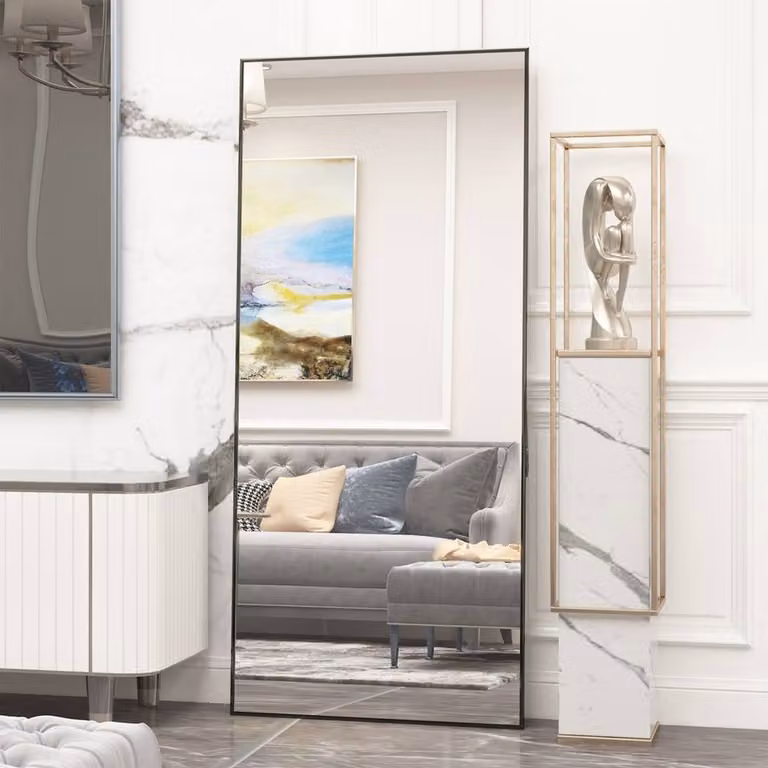 CASSILANDO Modern Rectangular Black Floor Mirror with Metal Frame, H 165 cm x W 60 cm x D 1.4 cm
