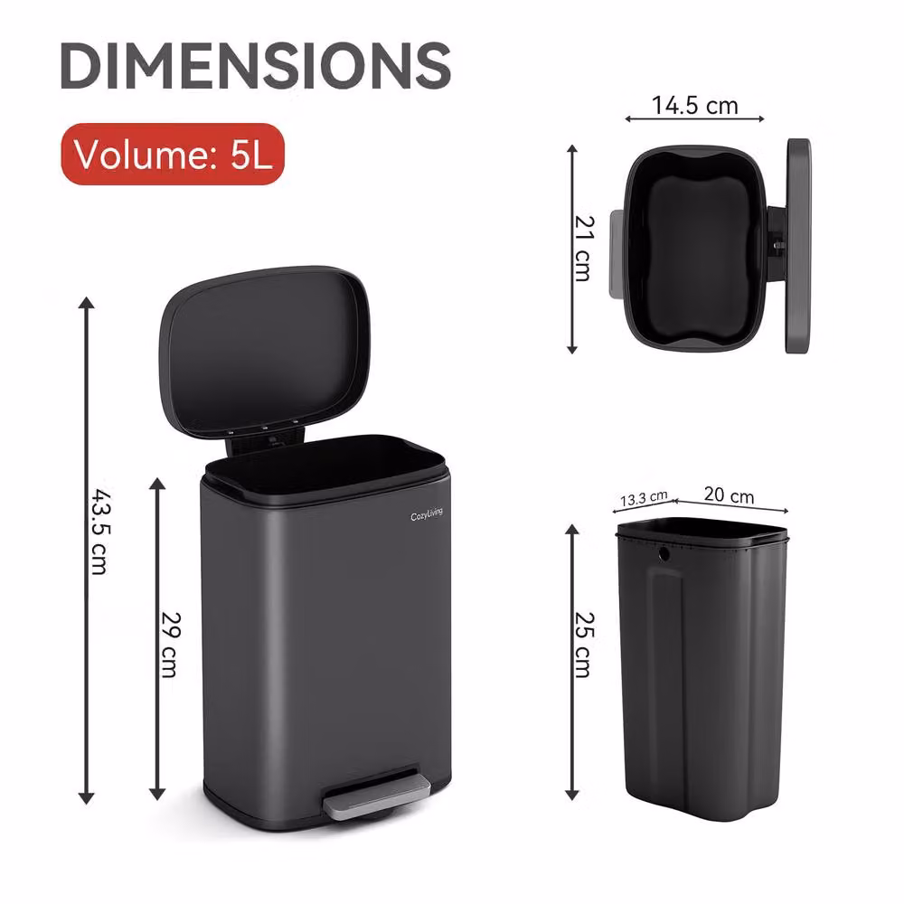 MCC Direct 5L Steel Pedal Bin with Soft Close Lid and Removable Inner Bucket in Grey – 4