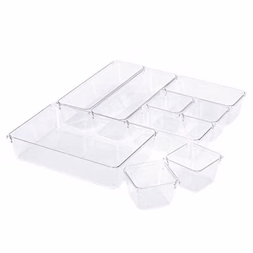 LIVIVO 9pc Clear Plastic Drawer Organiser Tray Set with Dividers