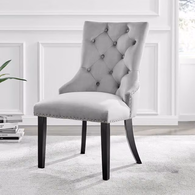 FurnitureboxUK Set of 2 Belgravia Grey Velvet Knockerback Dining Chairs with Black Legs