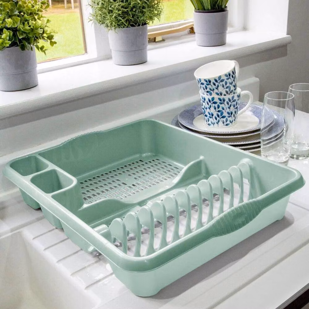 FLAVORA Sage Green Plastic Dish Drainer with Cutlery Holder – 4
