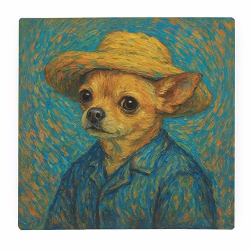 Purely Home Van Gogh Chihuahua Glass Worktop Protector, Square, Blue and Multicolour, W: 30 cm x D: 30 cm x H: 30 cm