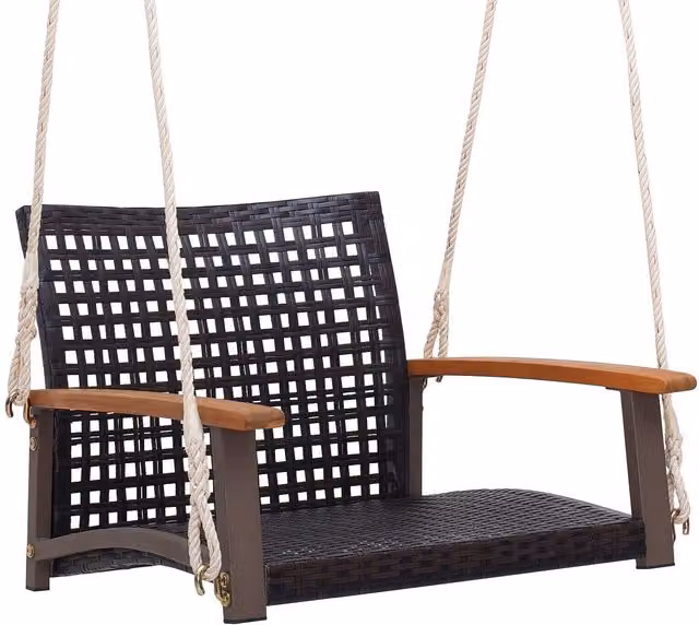 Costway Brown Rattan Single Hanging Porch Swing for Outdoor Garden and Terrace – 1