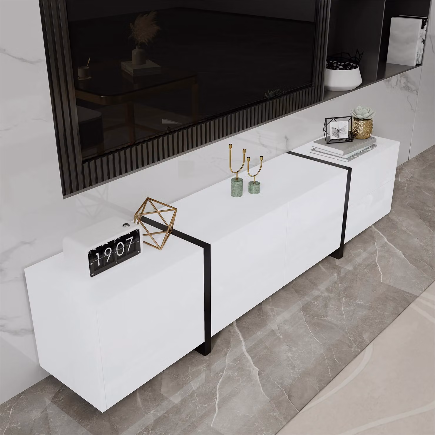 Matteo Modern High-Gloss Black and White Wood TV Unit with Integrated Lighting and Media Compartments – 4
