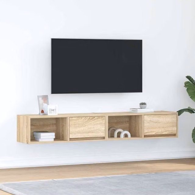 Berkfield Home Set of 2 Modern TV Cabinets in Sonoma Oak, W: 80 cm, D: 31 cm, H: 25.5 cm
