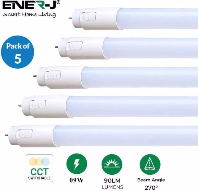 ENER-J 5 Pack T8 LED Tube 60cm 9W CCT Switchable Colour Temperature in White – 1