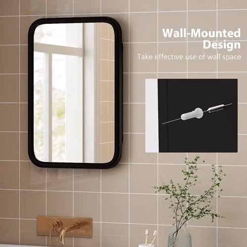 HOMCOM Modern Wall Mounted Bathroom Cabinet with Mirror and Internal Shelves, Black – 5
