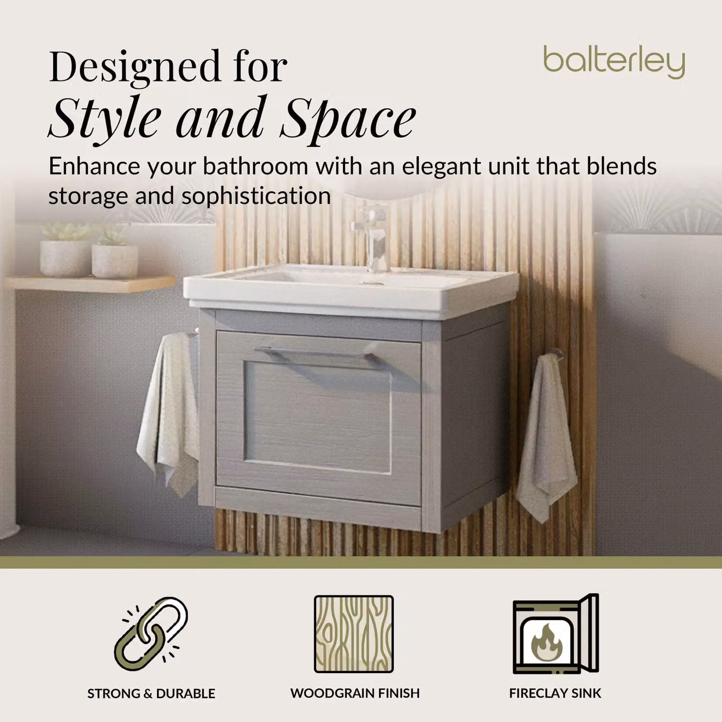 Balterley Wall Hung 1 Drawer Vanity Unit and 1TH Fireclay Basin, Grey, W: 60 cm – 2
