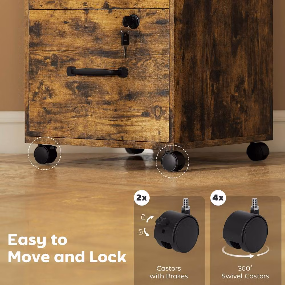 STILVORA Three-Drawer Filing Cabinet with Locks and Castors, Brown, W: 40 cm, D: 40 cm, H: 69.5 cm – 7