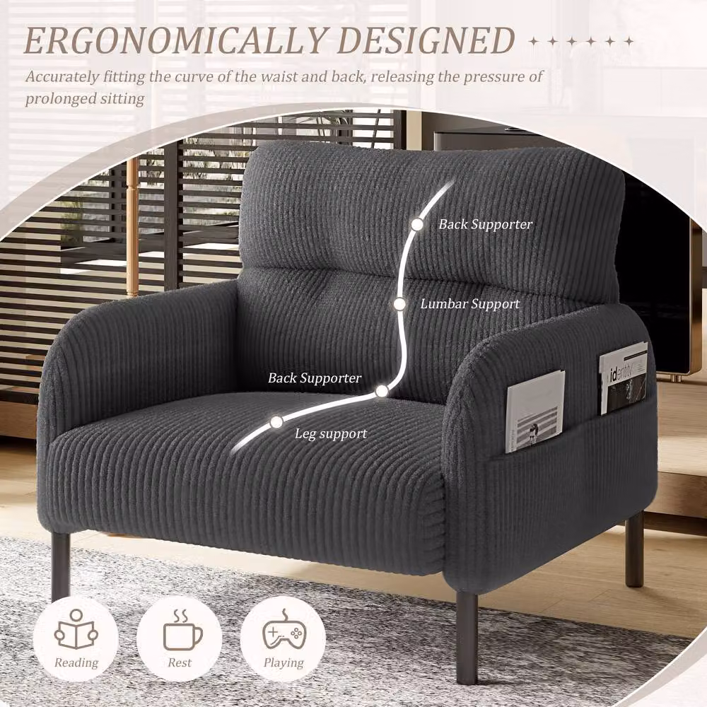Direct Wicker Grey Corduroy Single Armchair with Wide Seat and Solid Wood Frame – 4