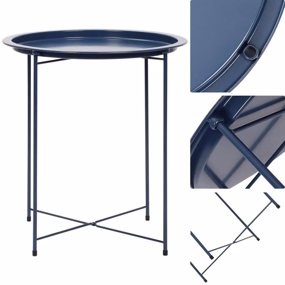 PAWNORA Blue Round Foldable Tray Side Table with Metal Legs – 2