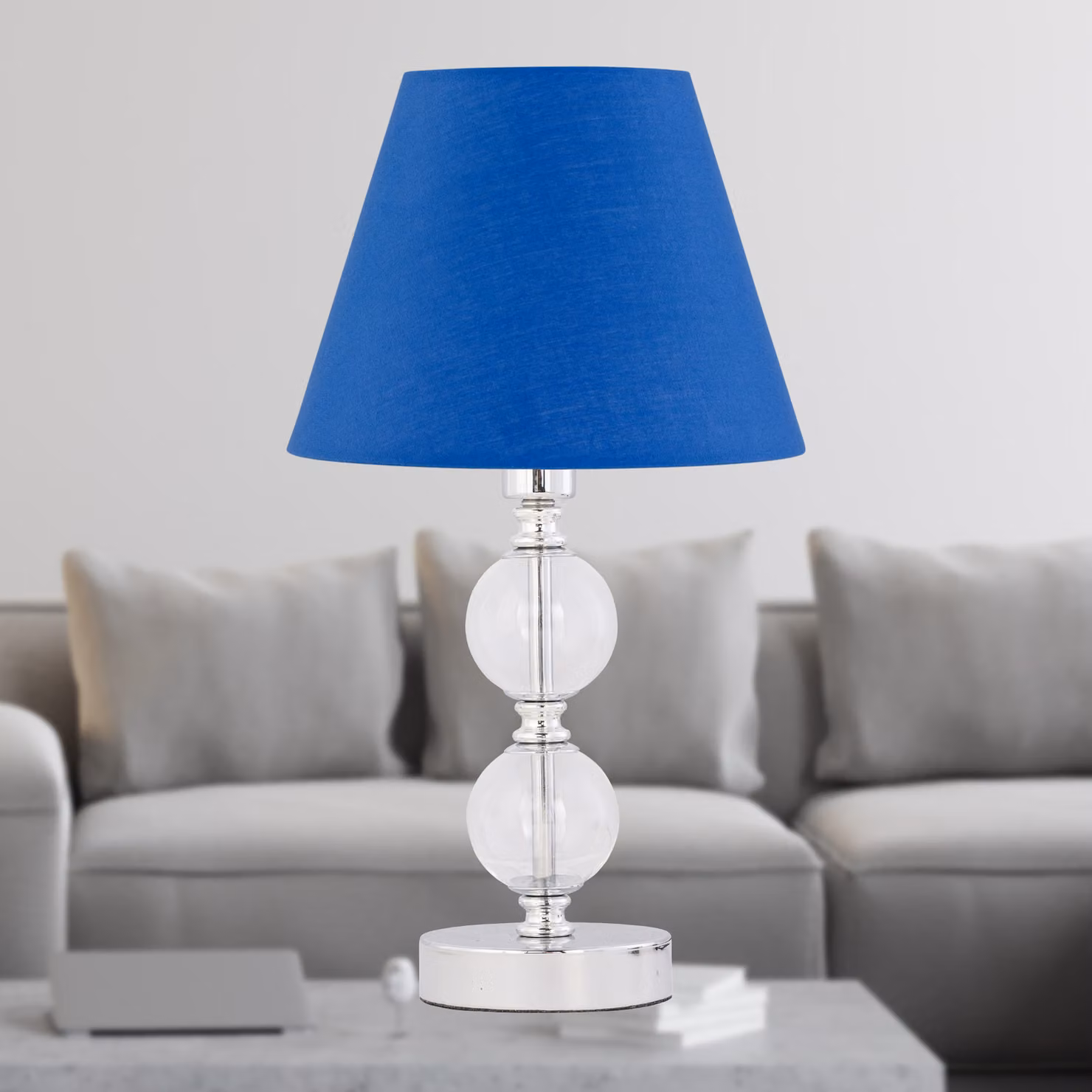First Choice Lighting Chrome Two Ball Table Lamp with Royal Blue Fabric Shade – 2