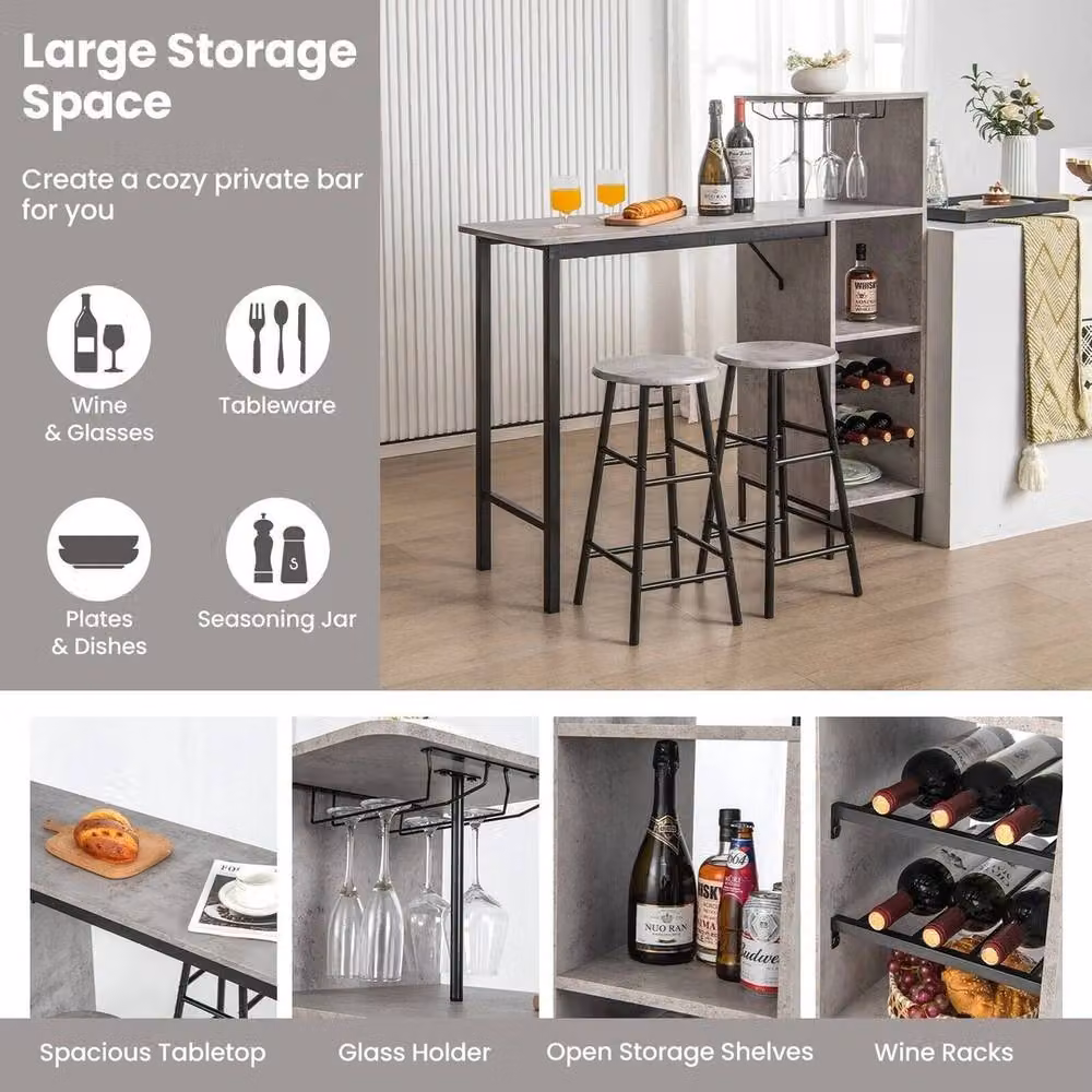 FORGEVIO Vintage 3-Piece Kitchen Dining Set with Bar Table and 2 Stools in Grey – 3