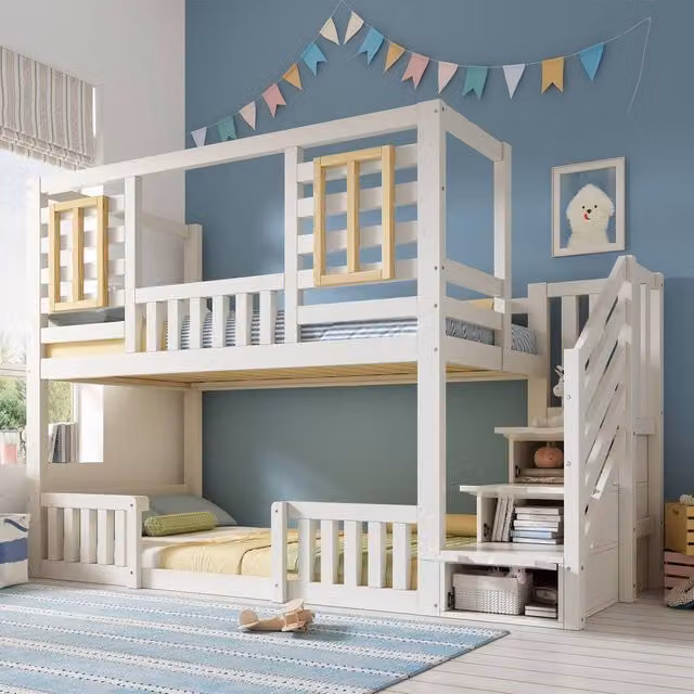 Rolipo Kids White Wooden Treehouse Bunk Bed with Storage Stairs