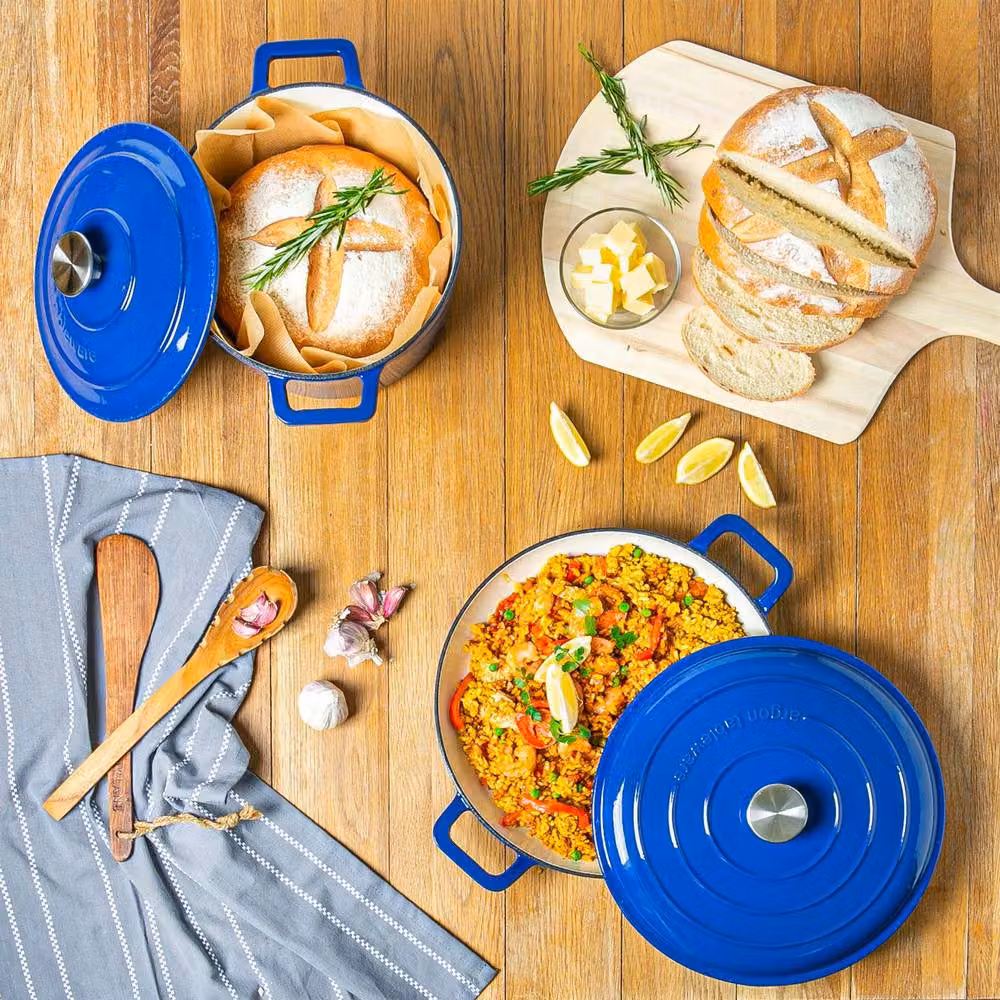 Argon Tableware Set of 2 Blue Enamel Cast Iron Shallow Casserole Dishes with Self-Basting Lids, 2.3 l each – 5